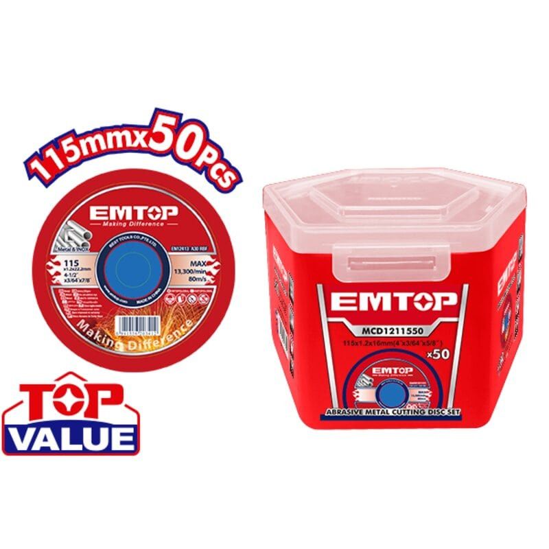 [EACD211550] -Caja De 50 Discos Abrasivos, Planos, 115mm 4-1/2 X 1.2mm 3/64 X 22.2mm 7/8 Pulg, Metal Y Acero Inoxidable. Marca Emtop