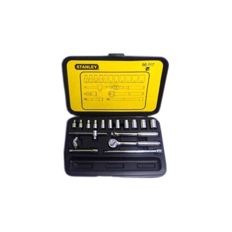 [86-117] -Juego De 18 Piezas, Raiz De 1/4 Pulgadas, Copas En Milimetros, Extensiones Y Ratchet Con Maleta Plastica. Marca Stanley