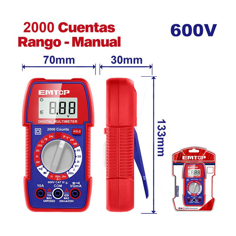 [EDMR5360011] -Multimetro Digital 600v, Detecta Voltaje Sin Contacto, Probador De Diodo, Apagado Automatico. Emtop