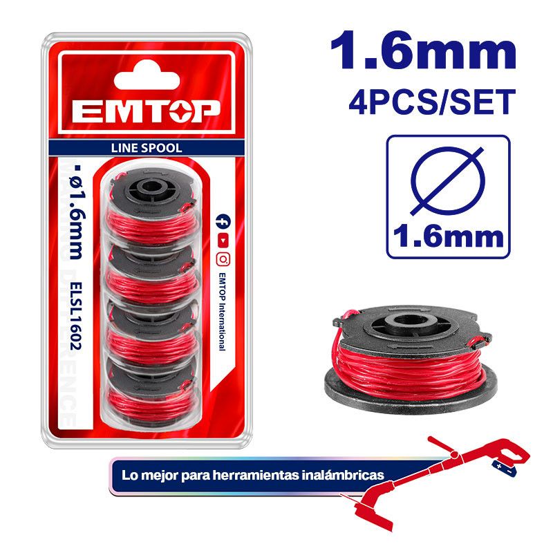 [ELSL1602] -Set 4 Carretes De Hilo 1.6mm, Largo 5 Metros Para Orilladora De Grama Compatible Con Elgt20018, Elgt20328. Marca Emtop
