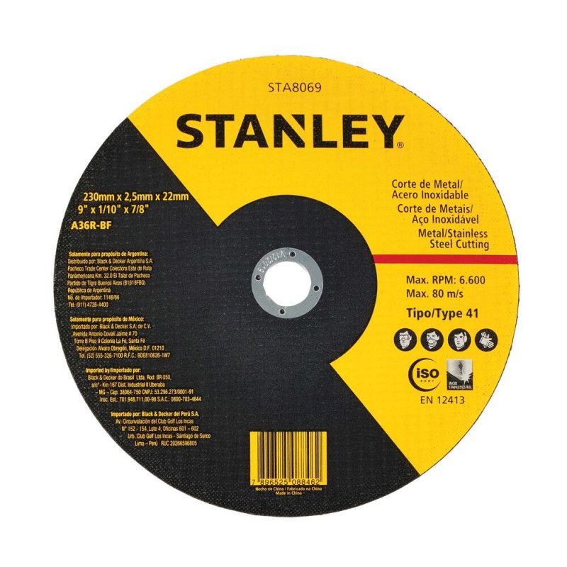 [STA8069]-DISCO ABRASIVO, PLANO, 9 X 7/8 PULG, ESPESOR 1/10 PULG 2.5 MM, ACERO INOXIDABLE. MARCA STANLEY