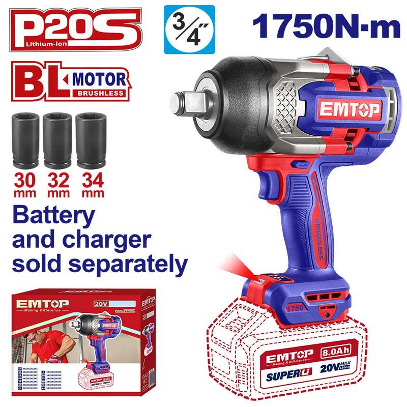 [ECIWL201751] -Llave De Impacto Inalambrica 3/4, 20v, Brushless, 1750nm, Incluye 3 Copas Mm, Sin Bateria Ni Cargador, Bare Tool. Emtop