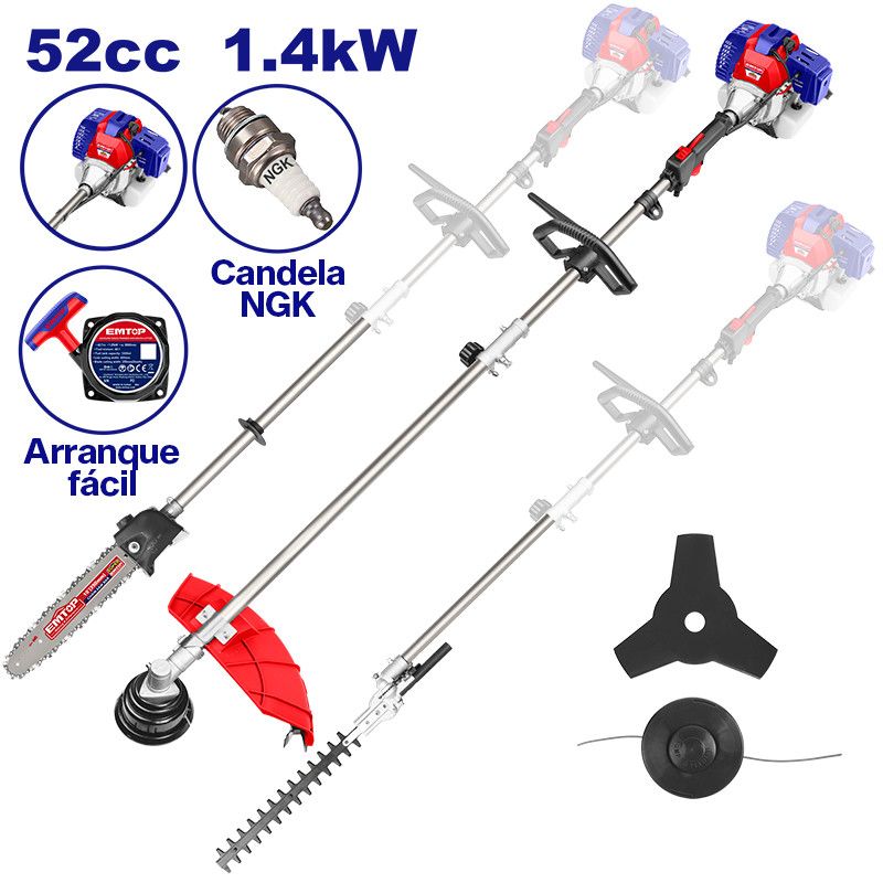 [EGTC55211] -Multiherramienta A Gasolina 4 En 1, Desbrozadora, Motosierra, Corta Setos, Corta Grama. 52cc. 1.4kw. 10,000 Rpm. Emtop