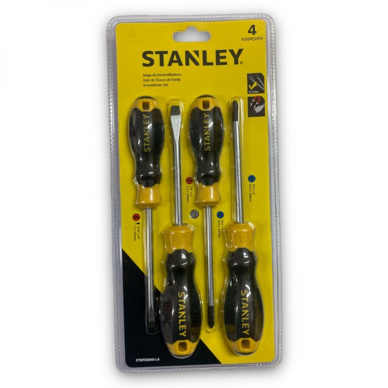 [STMT60040-LA] -Juego De 4 Destornilladores Cushiongrip, 2 Planos Largo 4 Pulg, 2 Phillips No. 1 Y 2 Largo 4 Pulg. Marca Stanley