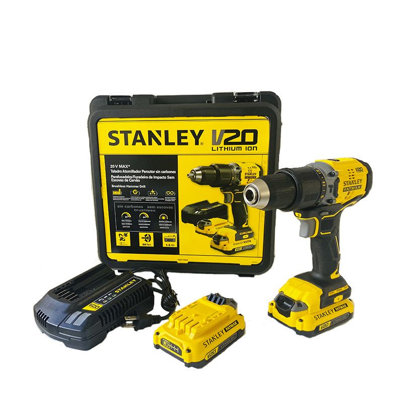 [SBD715C2K-B3] -Barreno Percutor, Sin Carbones, Inalambrico, 20 Voltios, 2 Baterias, Maleta Plastica. Marca Stanley