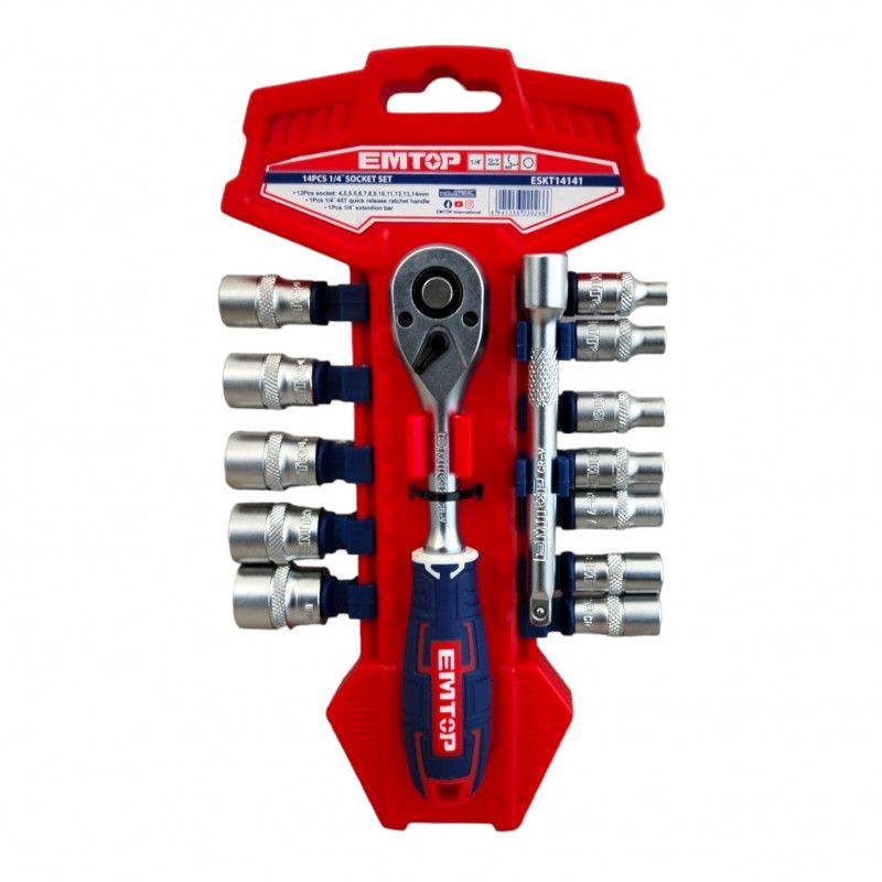 [ESKT14141] -Juego De 14 Copas/Dados/Cubos Metricas, Raiz De 1/4 , Con Ractch Y Barra De Extension. Marca Emtop