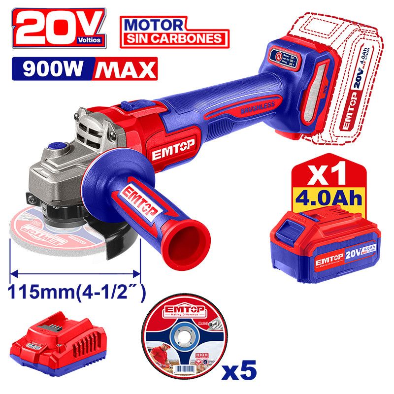 PULIDORA/ESMERILADORA INALAMBRICA, 4-1/2 PULG, 20V, BRUSHLESS, 1 BATERIA, CARGADOR, 5 DISCOS. EMTOP