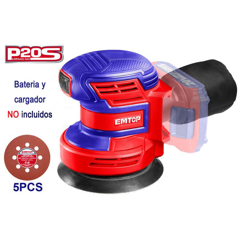 [ELPS201250] -Lijadora Roto-Orbital Inalambrica, 20 Voltios, Con 5 Lijas, Sin Bateria Ni Cargador, Bare Tool.emtop