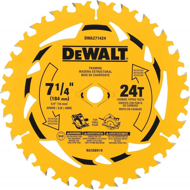 [DWA271424B10] -Disco De Sierra, 7-1/4 Pulg, Eje 5/8 Pulg, 24 Dientes De Carburo, Para Madera Estructural, A Granel. Dewalt