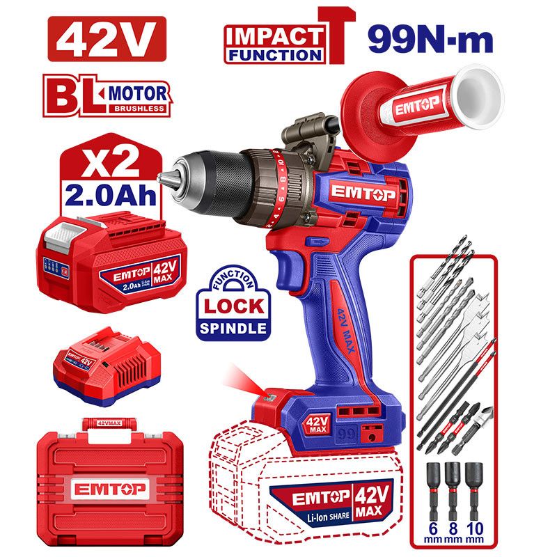 [ULCIDL429982] -Taladro De Impacto Inalambrico, 42v, Brushless, Mandril Metalico 1/2, Torque 99nm. Emtop