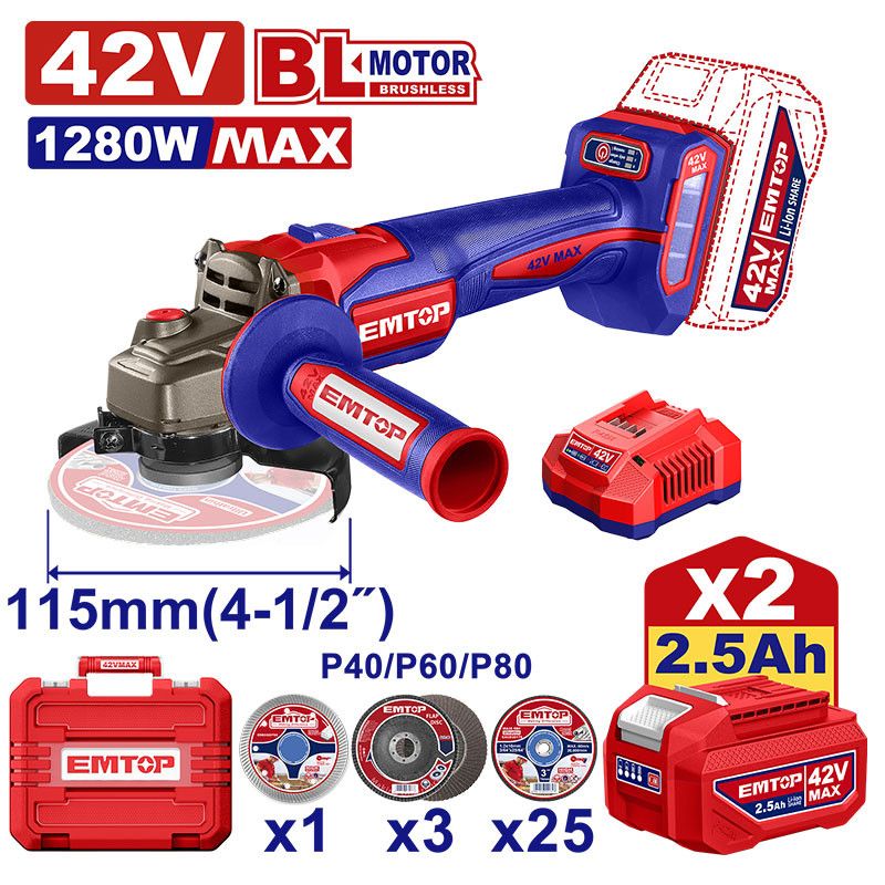 [ULAG4128112] -Pulidora/Esmeriladora Inalambrica 4 1/2 Plg. 42v, Brushless, Eje 5/8. Emtop