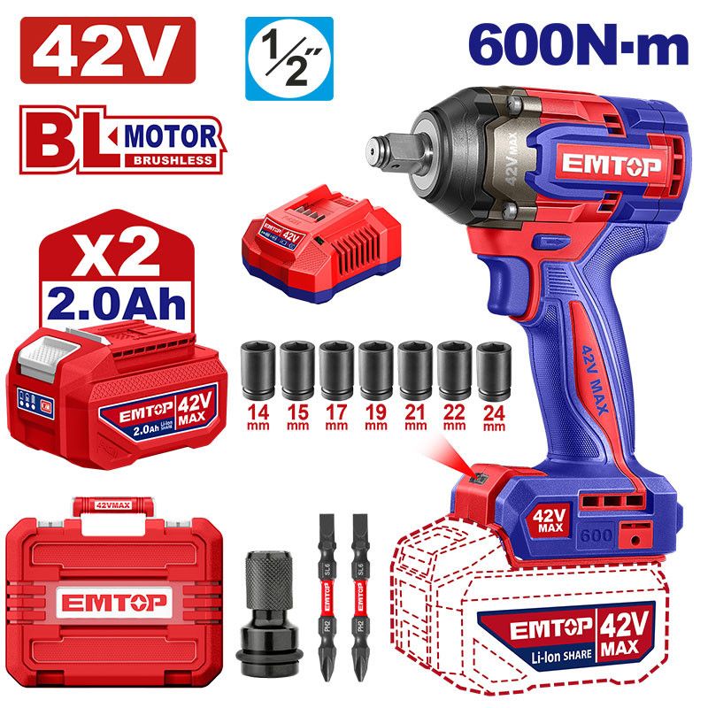 [ULCIWL42602] -Llave De Impacto Inalambrica 1/2, 42 Voltios, Brushless, Torque 600nm, 3 Velocidades. Emtop