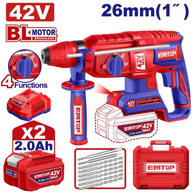 [ULLRH422682] -Rotomartillo Sds Plus Inalambrico, 42v, Brushless, Impacto 0-5000 Ipm, 2.5 Joules. Emtop