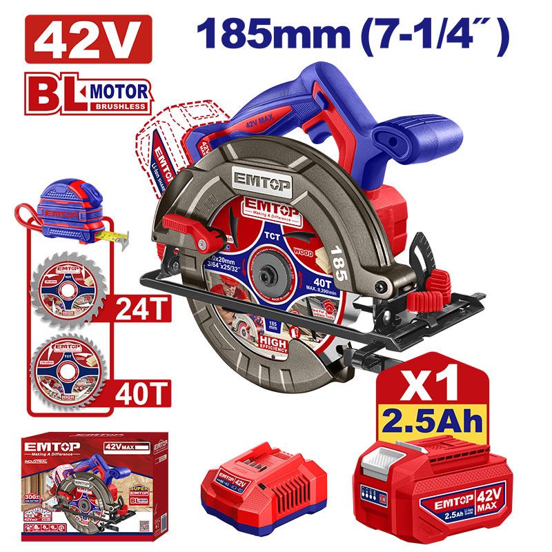 [ULCS4218511] -Sierra Circular Inalambrica, 7-1/4 Pulg, 42 Voltios, Brushless, 4,800 Rpm. Incluye 1 Bateria Y Cargador. Emtop