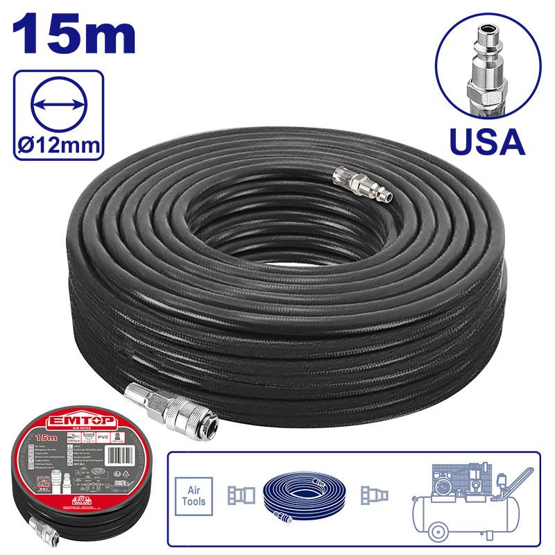 [ULAHE2E15] -Manguera Para Compresor, 15 Metros De Largo, De Pvc, Con Conectores. Emtop