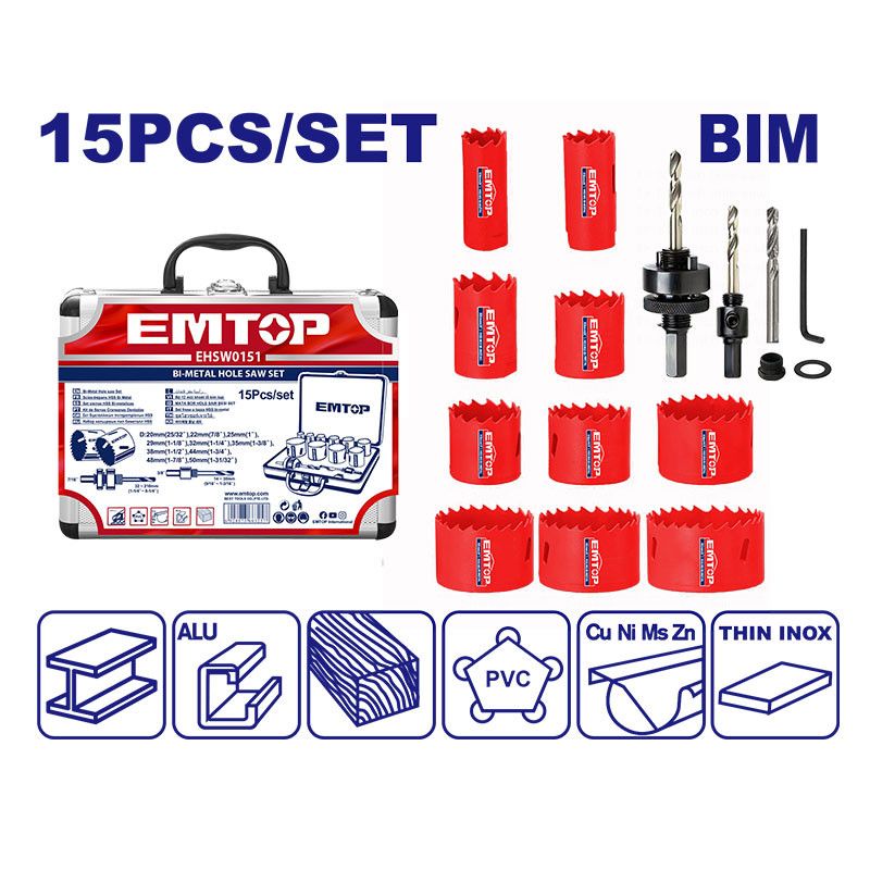 [EHSW0151] -Juego De Broca Sierras Bimetalicas, 15 Piezas, Brocas, Mandriles Y Adaptadores. Emtop