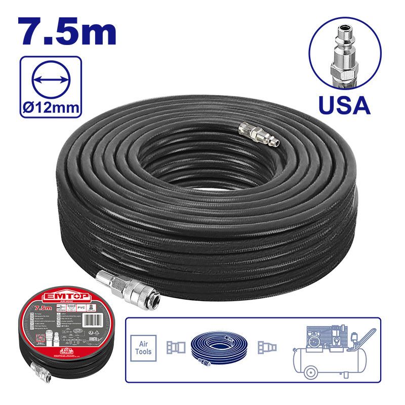 [ULAHE2E07] -Manguera Para Compresor, 7.5 Metros De Largo, De Pvc, Con Conectores. Emtop