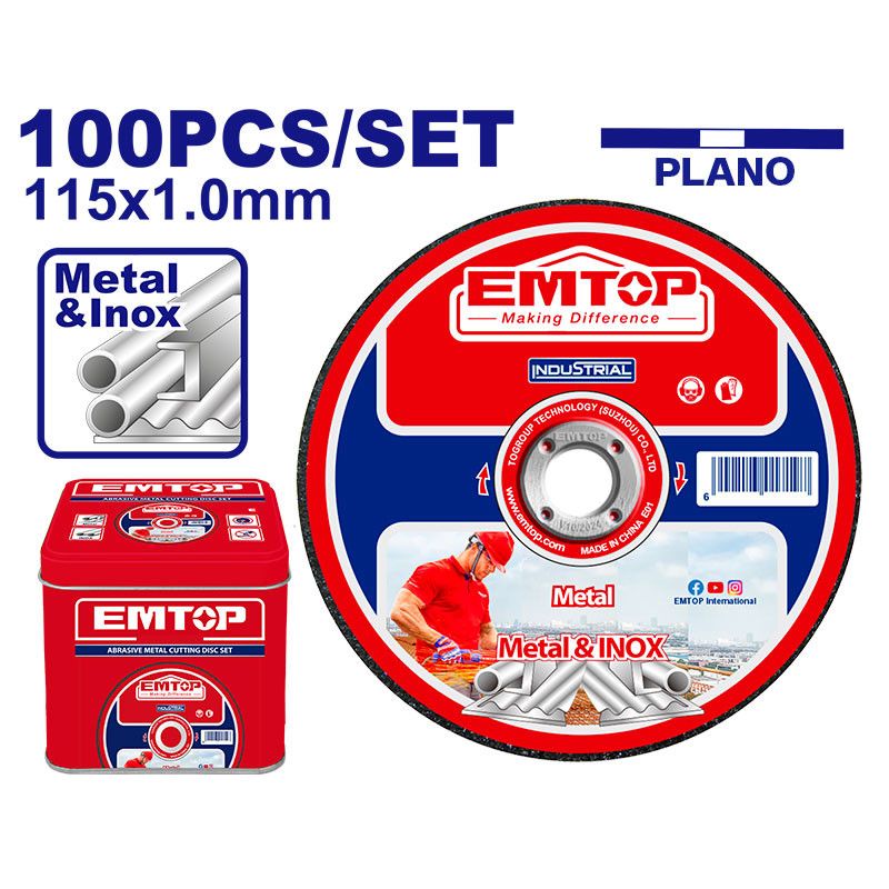 [EACD10115100] -Caja 100 Discos Abrasivos, Planos, 4-1/2 X 3/64 X 7/8 Pulg, Corte Metal Y Acero Inoxidable, 115mm X 1mm X 22.2mm. Emtop