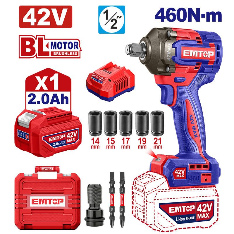 [ULCIWL42461] -Llave De Impacto Inalambrica 1/2, 42 Voltios, Brushless, Torque 460nm, 3 Velocidades. Emtop