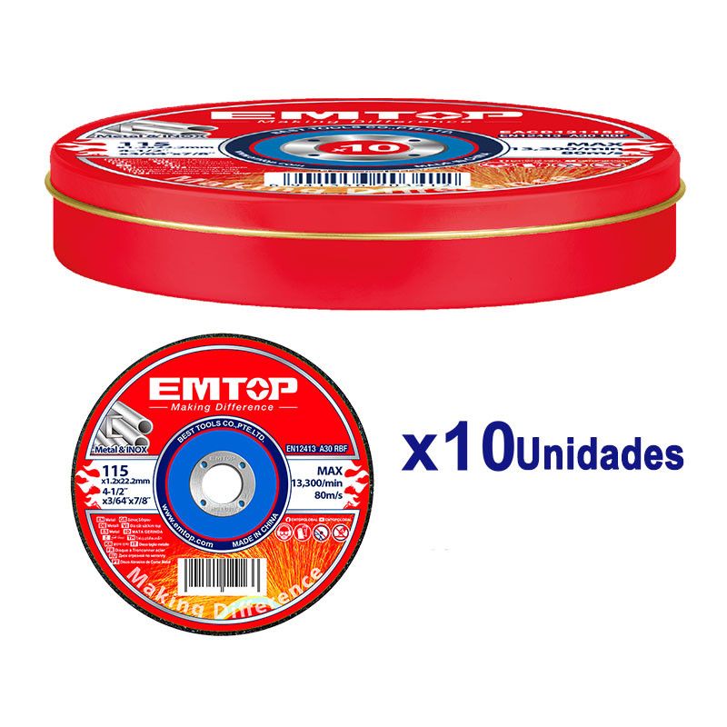 [EACD121155]-LATA DE 10 DISCOS ABRASIVOS, PLANOS, 4-1/2 X 3/64 X 7/8 PULG, METAL Y ACERO INOXIDABLE. MARCA EMTOP