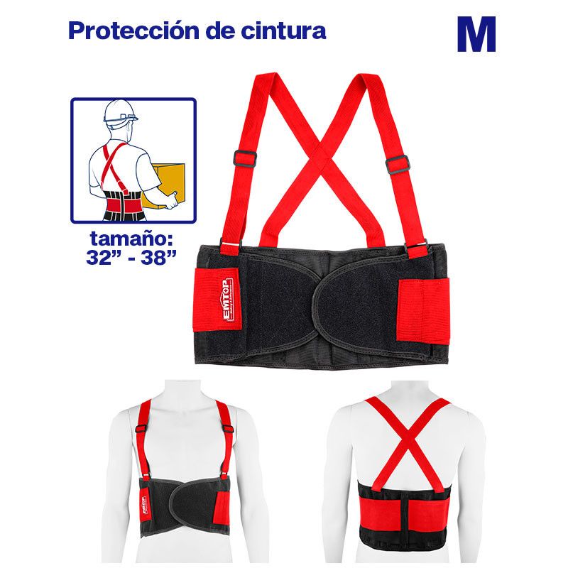 [EMTG901M] -Cinturon De Apoyo Ajustable Con Tirantes, Proteccion Lumbar De Fuerza Y Levante De Objetos Pesados, Talla M. Emtop