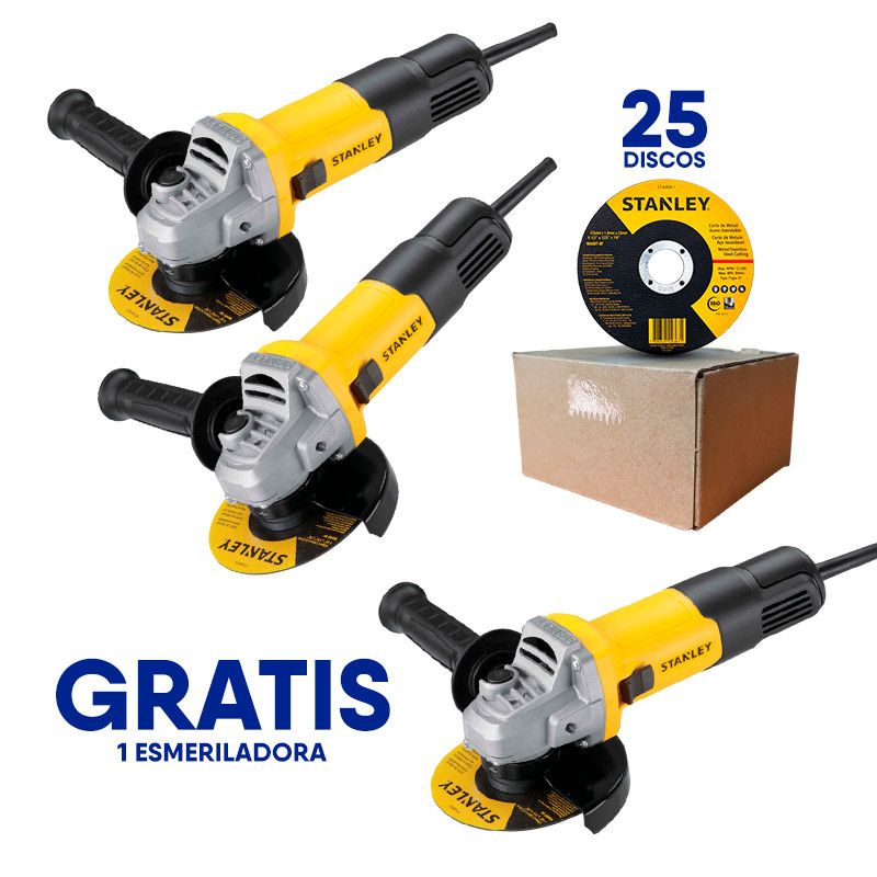 [SG7115-OF] -Combo 3 Esmeriladoras De 4-1/2 Pulg, 750 Watts, 12,000 Rpm, Mas 25 Discos Corte Metal Sta8061. Stanley