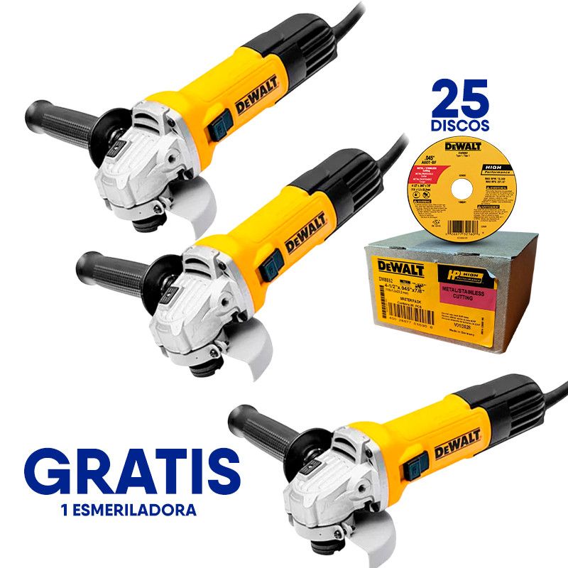 [DWE750-OF] -Combo 3 Esmeriladoras De 4-1/2 Pulg, 750 Watts, 11,000 Rpm, Mas 25 Discos Alemanes Corte Metal Dw8062. Dewalt