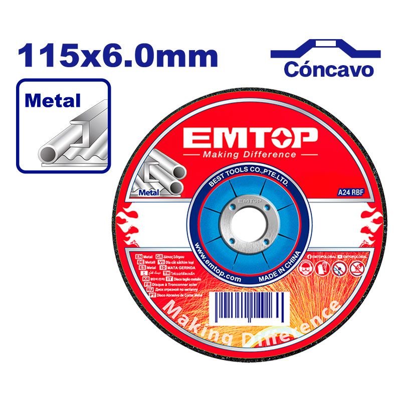 DISCO ABRASIVO CONCAVO DE 4-1/2 X 1/4 X 7/8 PULGADA, PULIR O DESBASTAR METAL. MARCA EMTOP