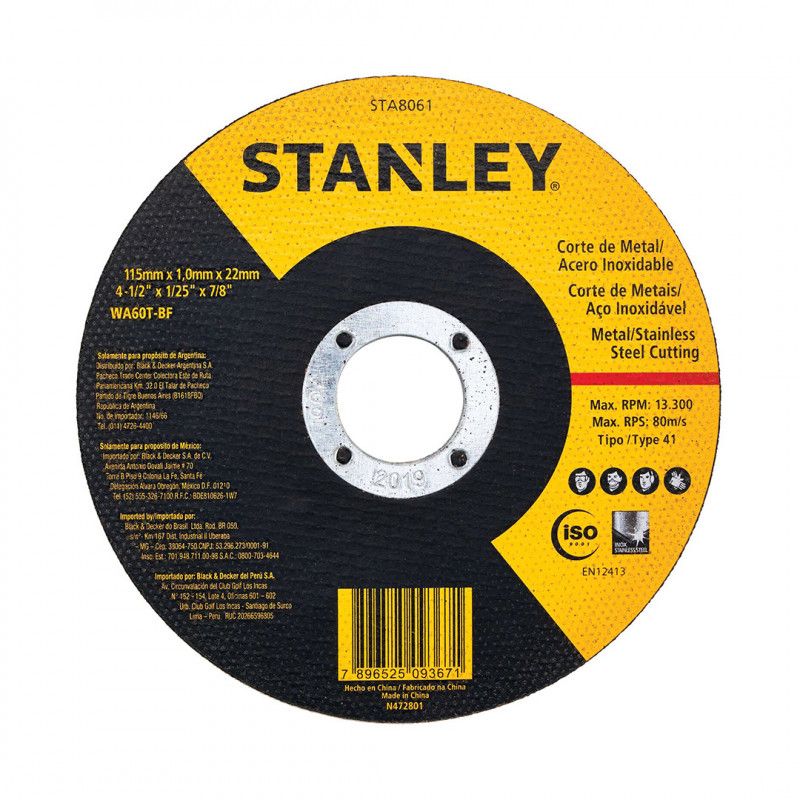 Caja 25 DISCOS ABRASIVO, PLANO, 4-1/2 X 7/8 PULG, CORTAR METAL, ACERO INOXIDABLE. MARCA STANLEY