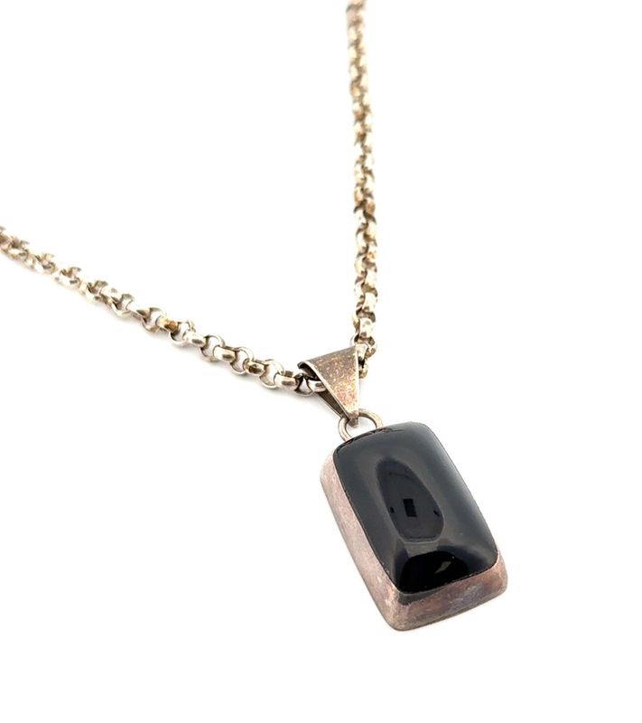 24” Vintage 925 Sterling Silver Rolo Necklace w/ Taxco Black Onyx Pendant 53.1g