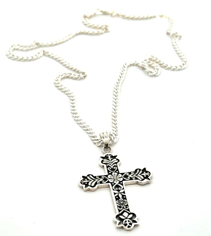 18” .925 Sterling Silver Flora Cross Pendant on Sterling Silver Chain, 15.8g