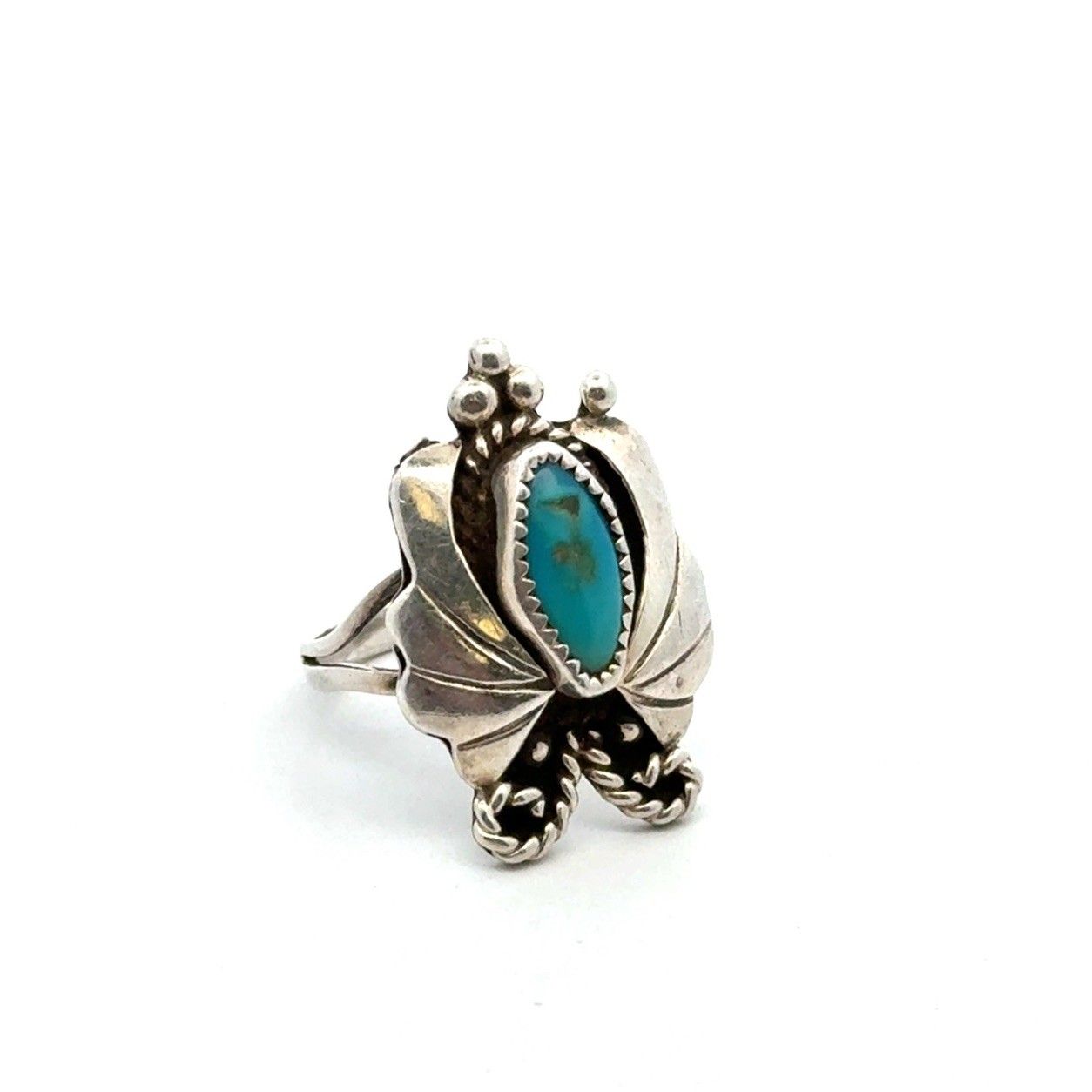 Native American 925 Sterling Silver Turquoise Leaf + Drop Motif Ring Size-6 5.6g
