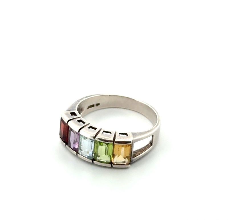 Size: 8 Korea 925 Sterling Silver Multicolor Gemstone Ring 3.7g