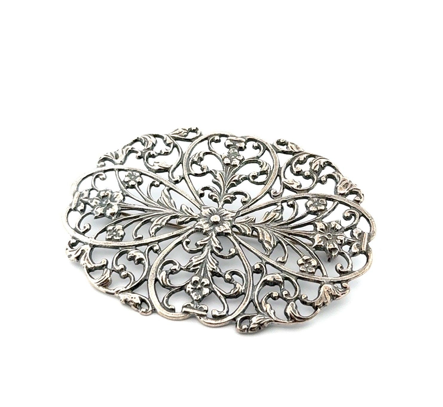 Large Floral 925 Sterling Silver Open Work Oval Brooch/Pin 15.1g