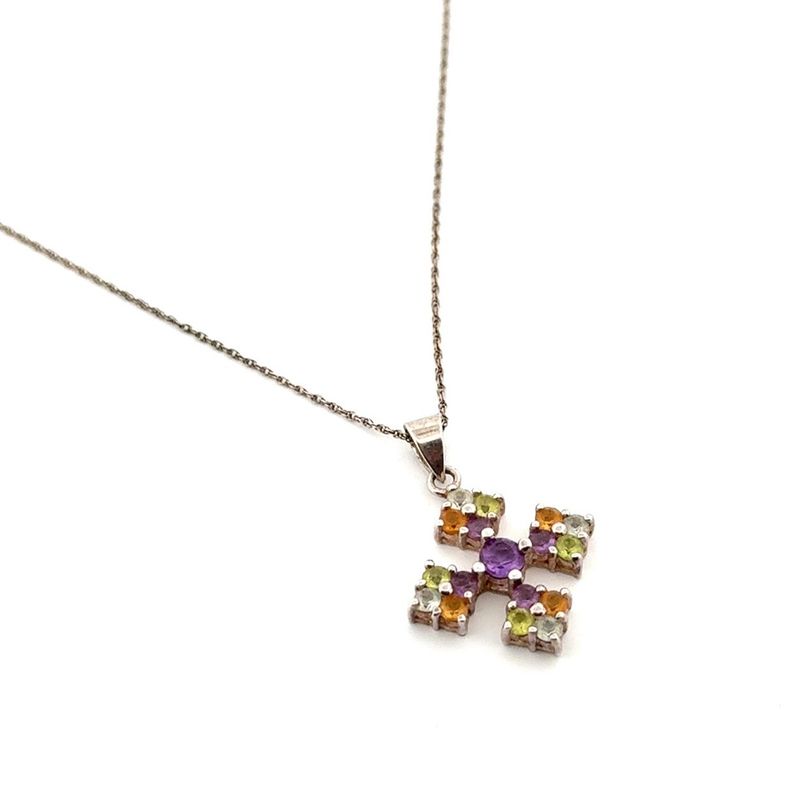 18” Vintage GSJ 925 Sterling Silver Multi-Color Gemstone Cross Pendant Necklace