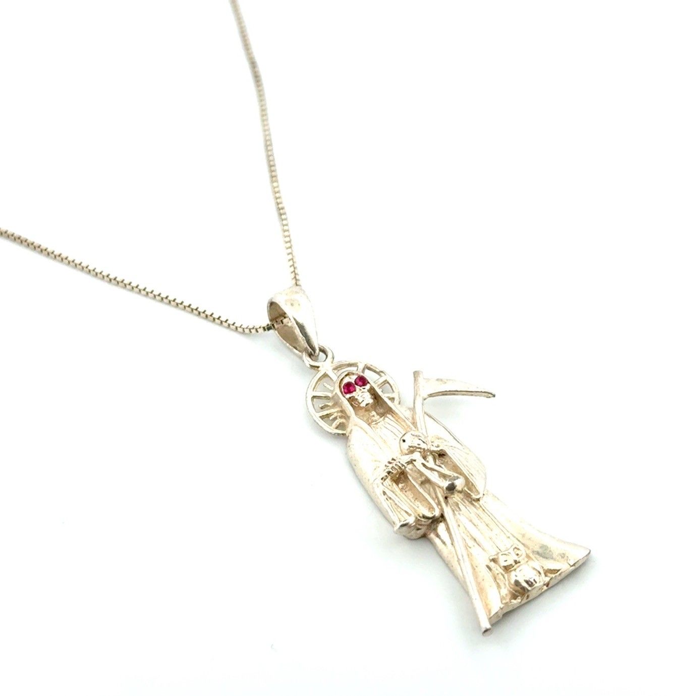 18” Santa Muerte Ruby Eyes Grim Reaper 925 Sterling Silver Necklace 14.1g