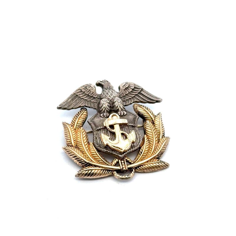 WWII US Merchant Marine 925 Sterling Silver + 10k Gold Visor Cop Badge, 7.2g