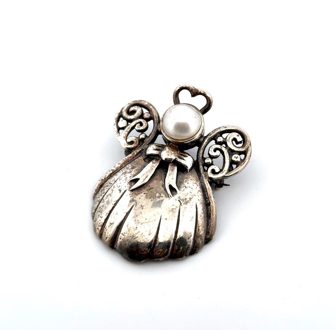 925 Sterling Silver Faux Pearl Angel Brooch/Pin/Pendant 11.3g