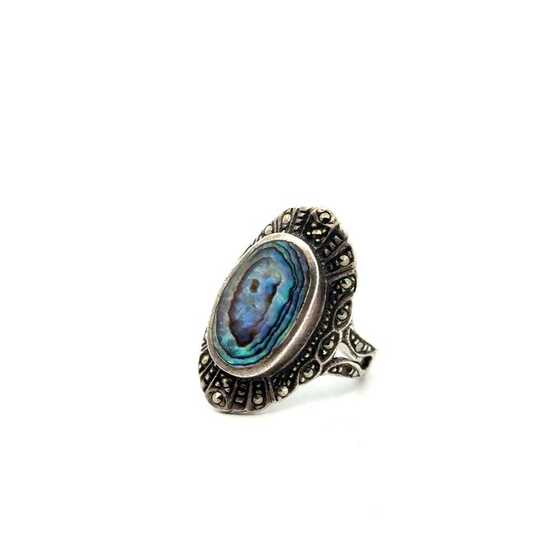 .925 Sterling Silver Art Deco Abalone &amp; Marcasite Ring Size-6, 4.6g