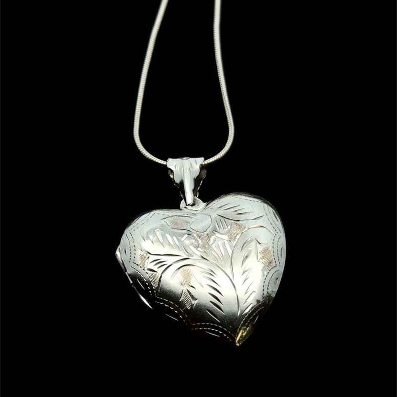 Vintage 20” 925 Sterling Silver Flora Etched Puffy Heart Locket Necklace, 12.2g