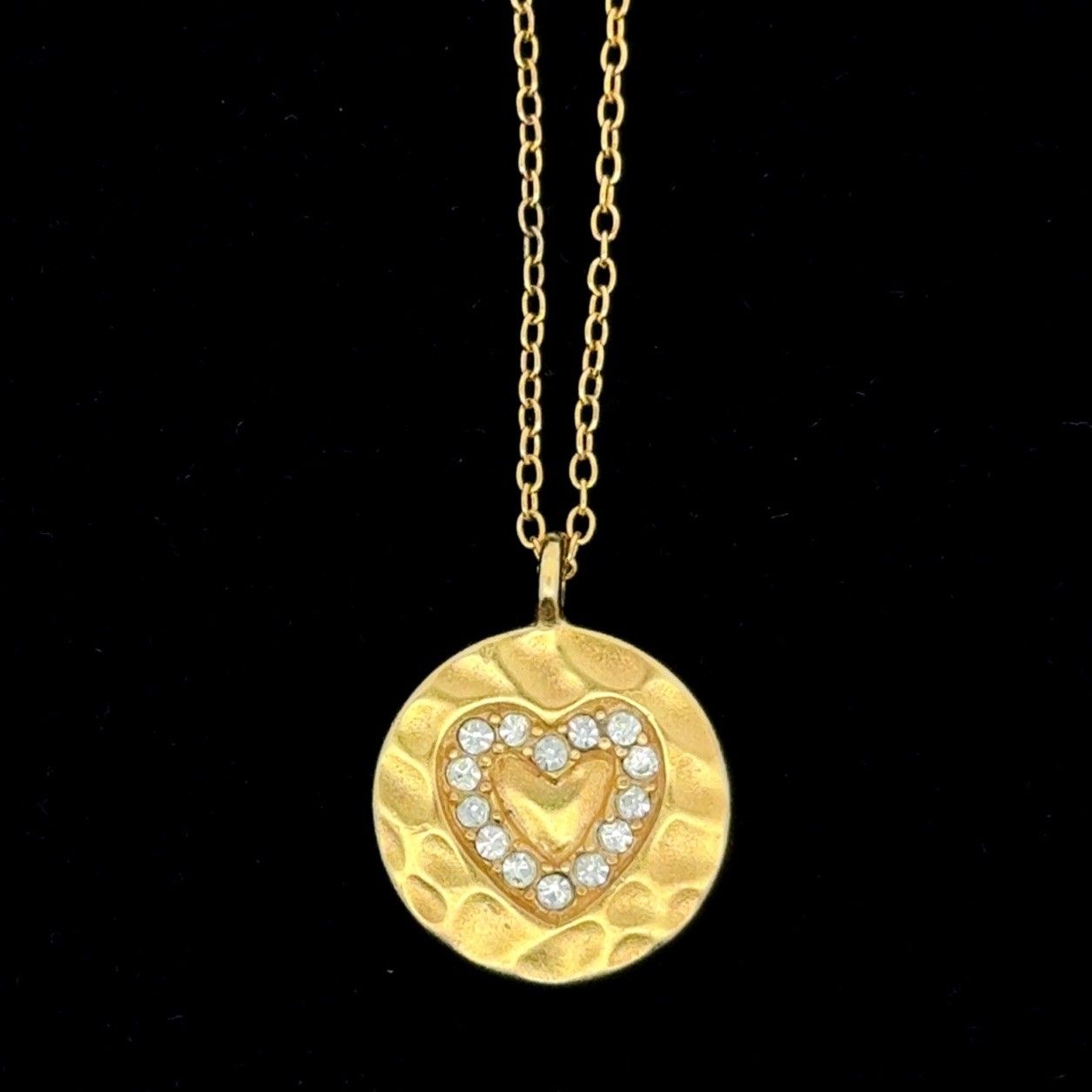 16" Hammered .925 Siver Gold Sterling Tone Rhinestone Heart Pendant Chain, 3.3g