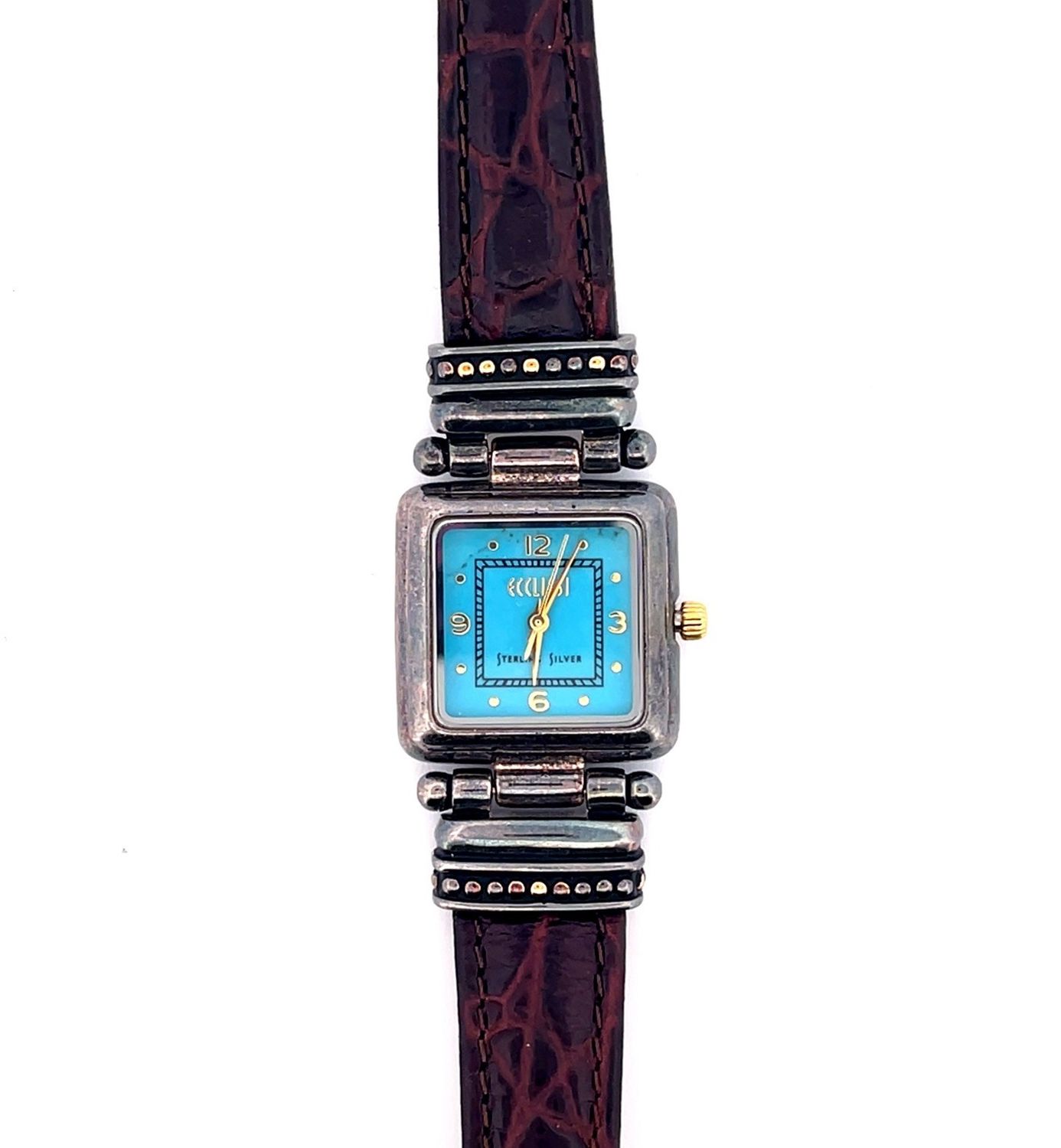 Ecclissi Turquoise Quartz Watch 24mm Sterling Silver Brown Leather New Battery