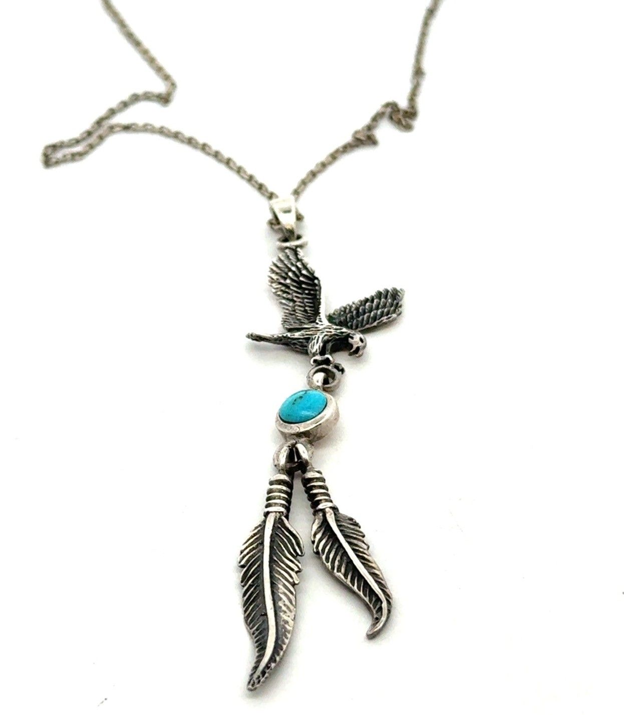 Vtg. 18” .925 Sterling Silver Eagle, Bezel Set Turquoise Pendant Necklace, 5.4g