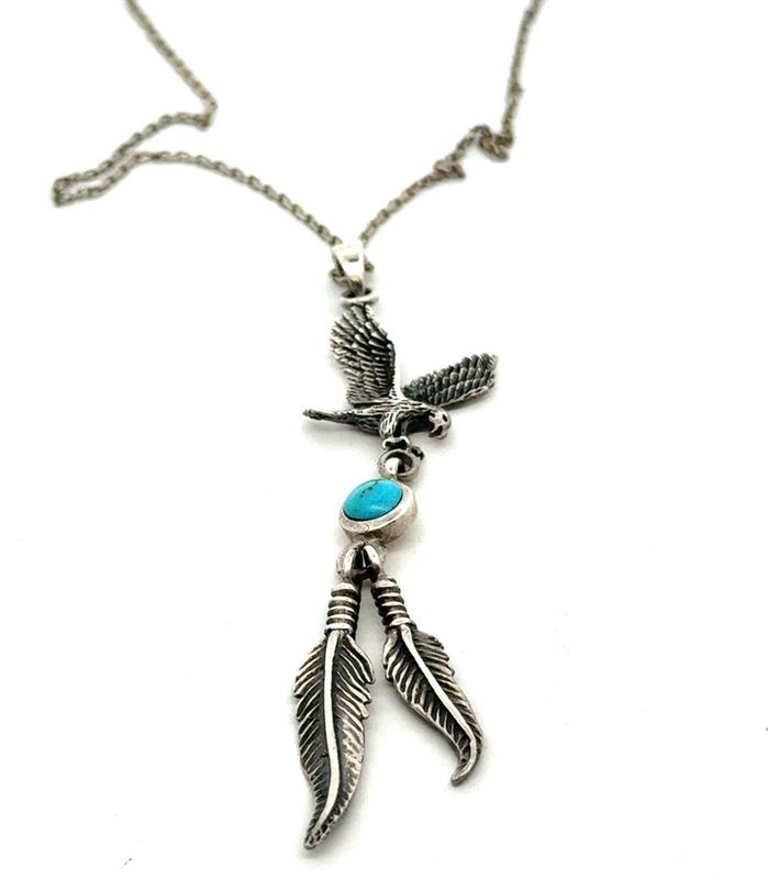 Vtg. 18” .925 Sterling Silver Eagle, Bezel Set Turquoise Pendant Necklace, 5.4g