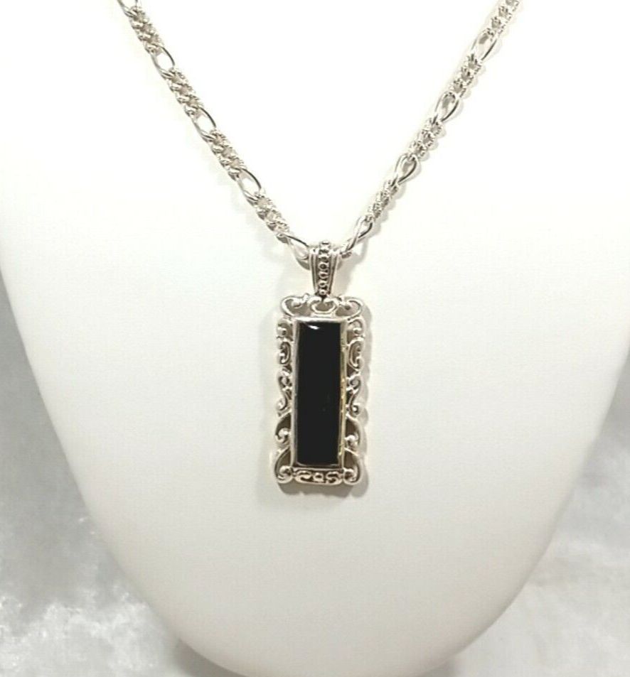 Sterling Silver Karazia S.P.A. 24" Figaro Necklace With 25mm Onyx Pendant