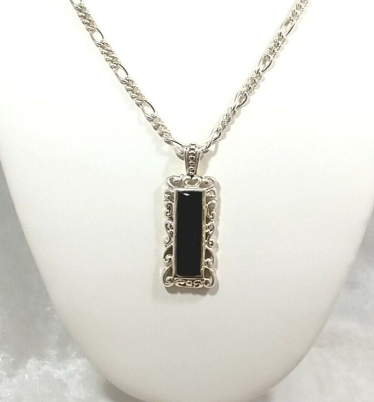 Sterling Silver Karazia S.P.A. 24" Figaro Necklace With 25mm Onyx Pendant