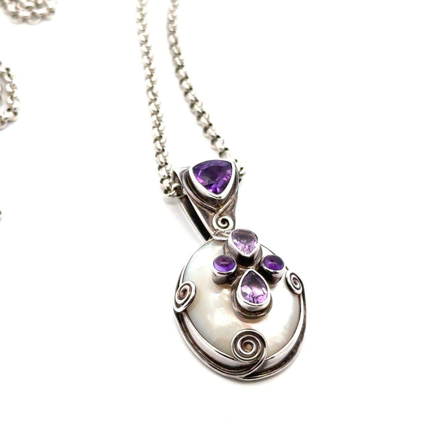 Vintage 30” Sajen 925 Sterling Silver Abalone &amp; Amethyst Pendant Necklace, 44.1g