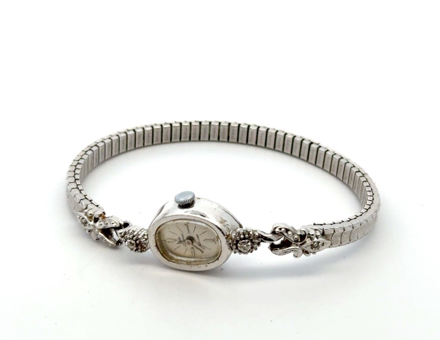 Jules Jurgensen 10K White Gold Filled 2 Diamond Watch Running Perfectly 13.7g