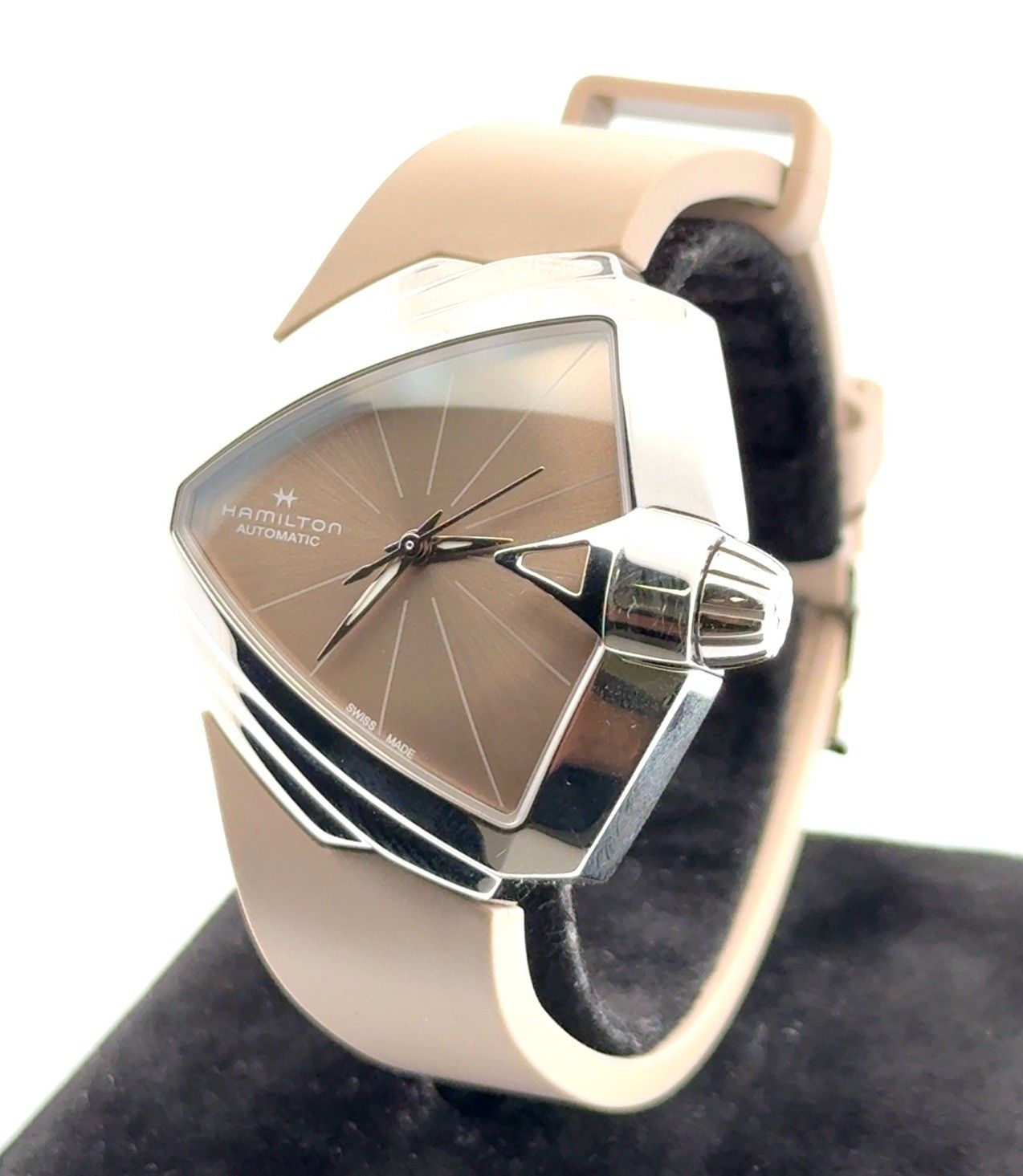 38mm Hamilton Ventura Automatic Ladies Watch Brown Dial &amp; Rubber Strap H24105370