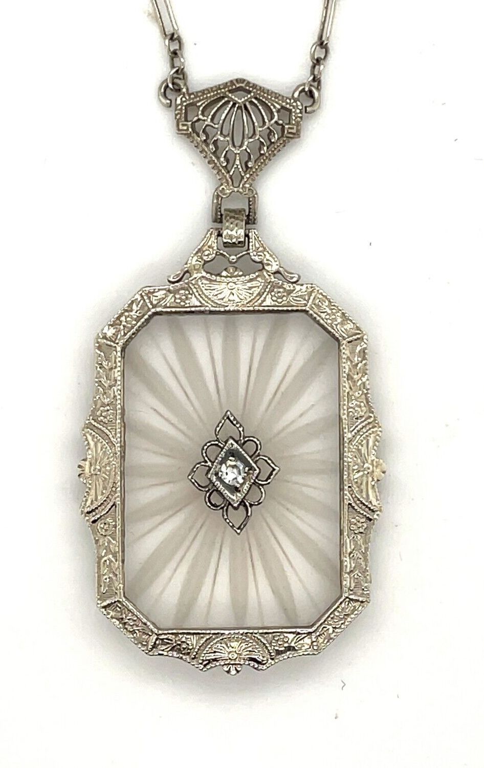 Vintage 14K White Gold Camphor Glass and Diamond Pendant Necklace - 16 Inch
